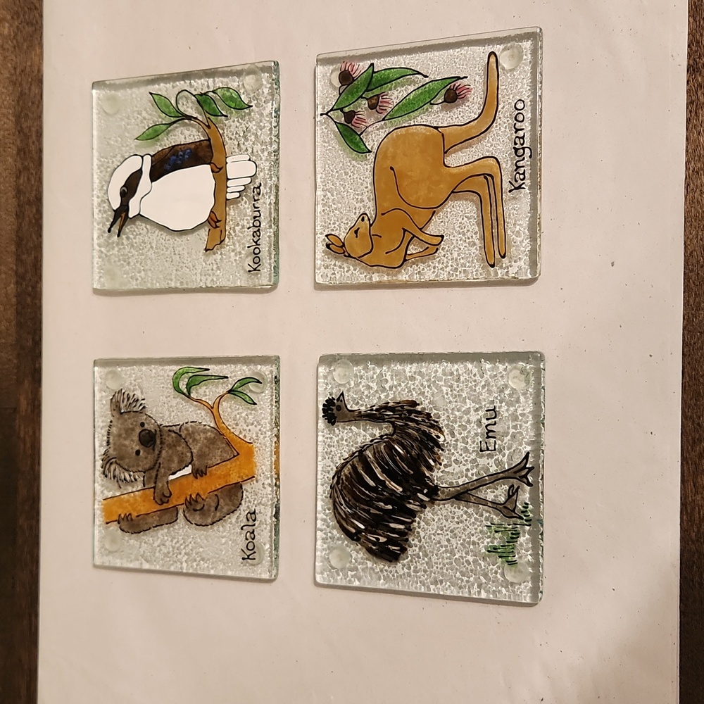 Set of Australian animal glass hand painted coasters